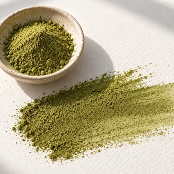 Green Maeng Da Kratom-Blattpulver in grünen bis olivgrünen Farbtönen