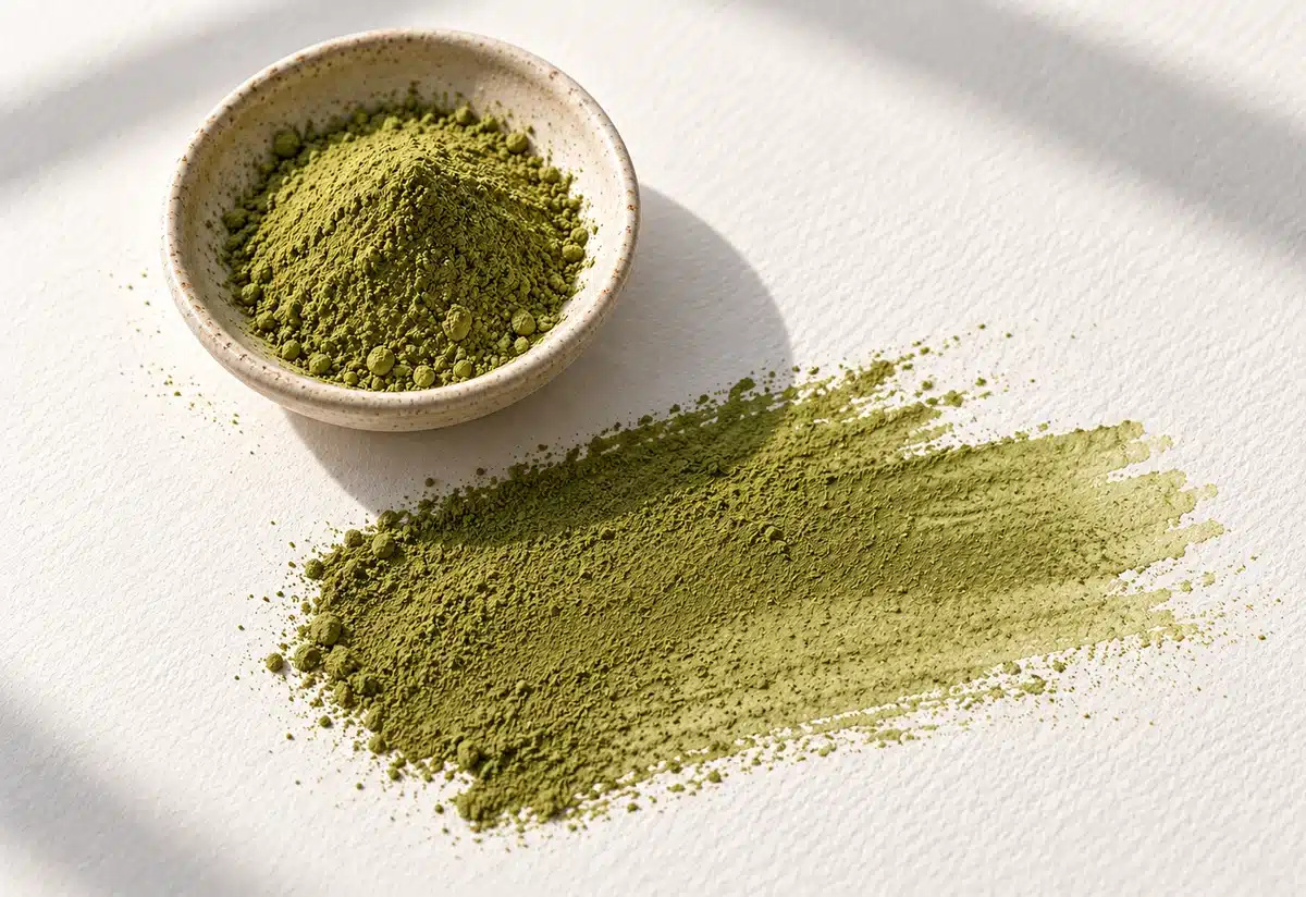 Green Maeng Da Kratom-Blattpulver in grünen bis olivgrünen Farbtönen