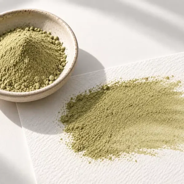 White Maeng Da Kratom-Blattpulver in hellen beige- bis olivgrünen Farbtönen