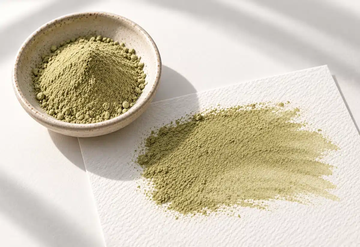 White Maeng Da Kratom-Blattpulver in hellen beige- bis olivgrünen Farbtönen